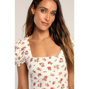 Lulus Sugar And Spice Pink Floral Print Ribbed Puff Sleeve Crop Top White